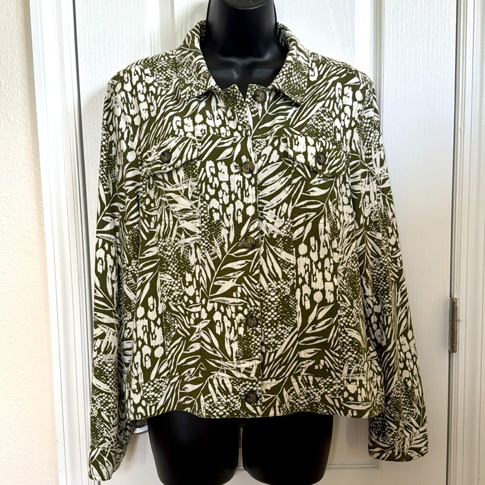 Tahari Linen Blend Jacket Green and White Tropical Print Size L